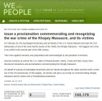 Число подписавших петицию на официальной странице Белого дома в связи с поминовением ходжалинского геноцида превысило 100 тысяч человек
